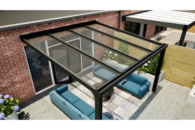 Aluminium overkapping zwart 407cm x 350cm met helder glas dak Aluminium overkapping zwart 407cm x 350cm met helder glas dak