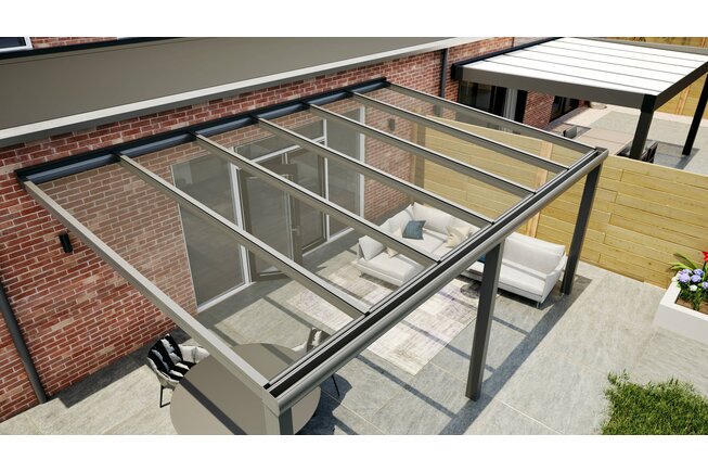 Aluminium overkapping antraciet 607cm x 250cm met helder glazen dak