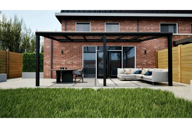 Aluminium overkapping zwart 610cm x 250cm met helder glas dak