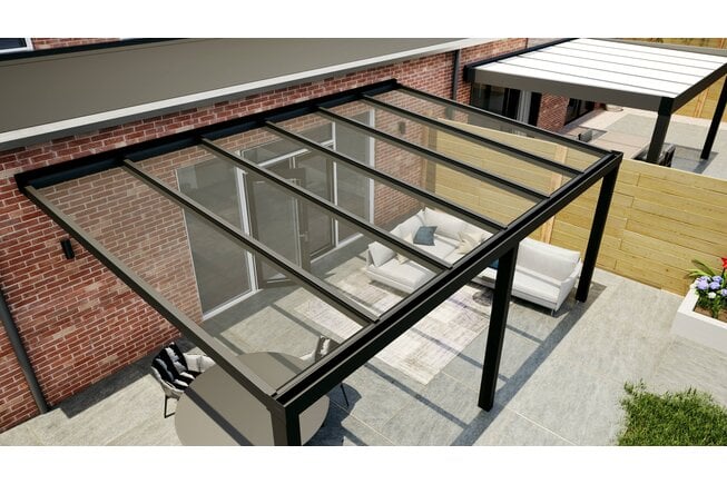 Aluminium overkapping zwart 607cm x 250cm met helder glas dak Aluminium overkapping zwart 607cm x 250cm met helder glas dak