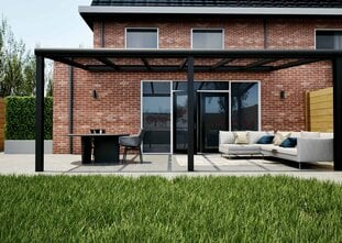 Terrasoverkapping zwart 607cm breed x 300cm diep met glazen dak