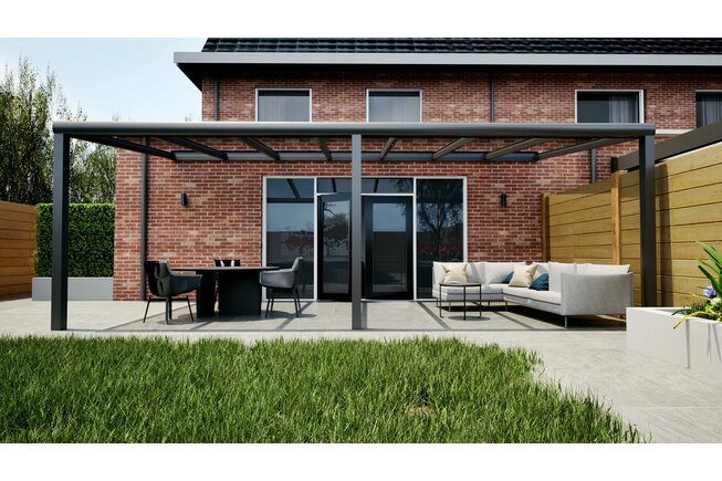 Aluminium overkapping antraciet 707cm x 300cm met helder glazen dak