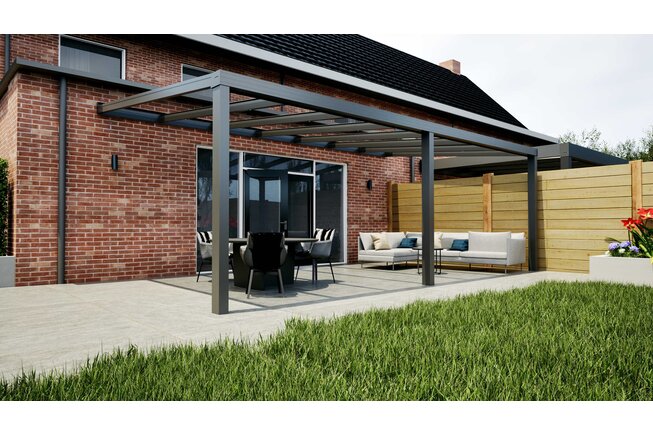 Aluminium overkapping antraciet 707cm x 350cm met helder glazen dak Aluminium overkapping antraciet 707cm x 350cm met helder glazen dak