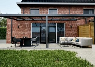 Terrasoverkapping antraciet 707cm breed x 400cm diep met glazen dak