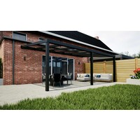 Aluminium overkapping zwart 710cm x 250cm met helder glas dak