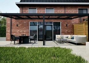 Terrasoverkapping zwart 707cm breed x 300cm diep met glazen dak