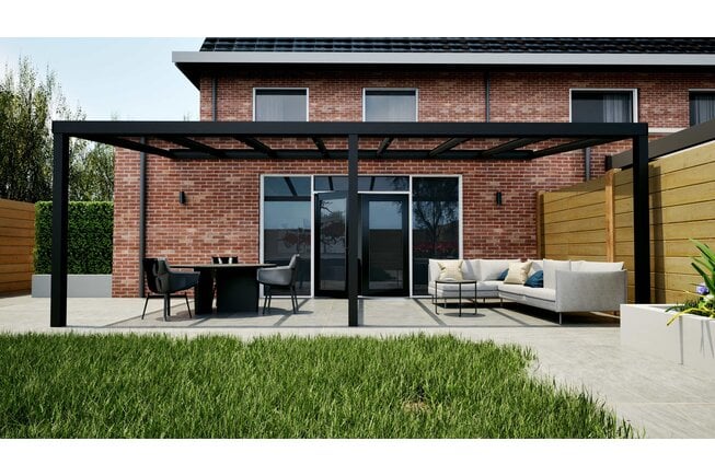 Aluminium overkapping zwart 707cm x 300cm met helder glas dak Aluminium overkapping zwart 707cm x 300cm met helder glas dak