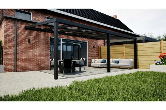 Aluminium overkapping zwart 707cm x 300cm met helder glas dak Aluminium overkapping zwart 707cm x 300cm met helder glas dak