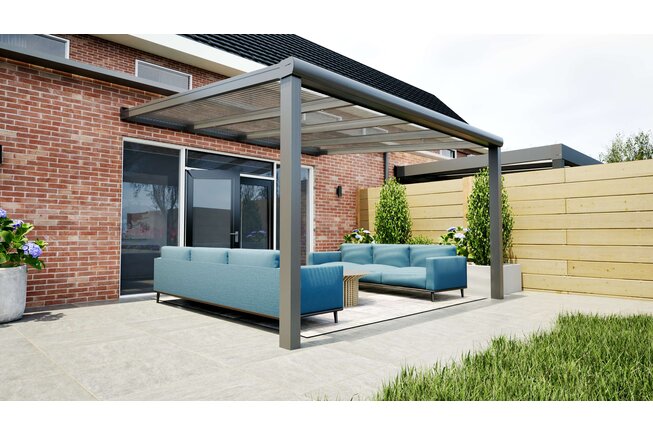 Aluminium overkapping antraciet 410cm x 250cm met helder polycarbonaat dak Aluminium overkapping antraciet 410cm x 250cm met helder polycarbonaat dak