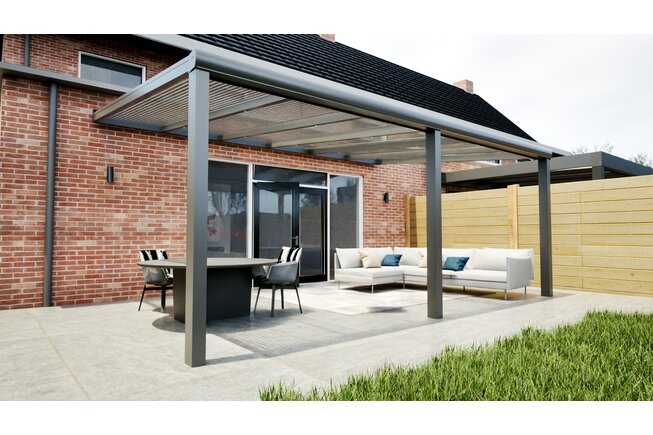 Aluminium overkapping antraciet 607cm x 300cm met helder polycarbonaat dak