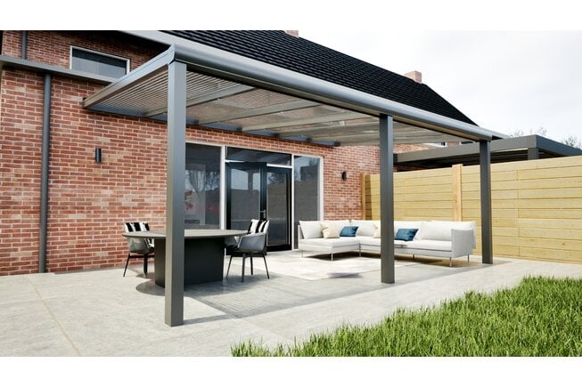 Aluminium overkapping antraciet 607cm x 350cm met helder polycarbonaat dak