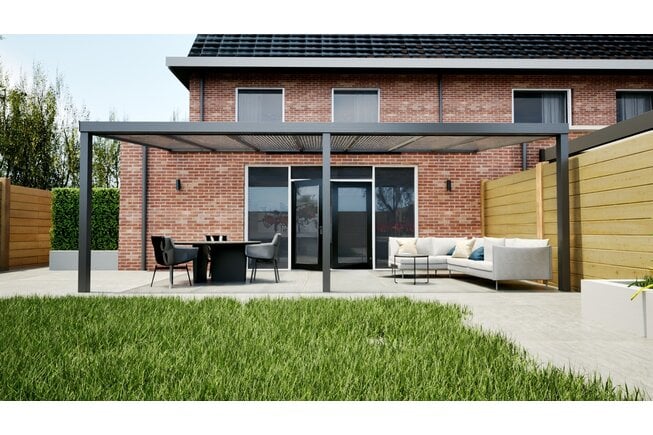 Aluminium overkapping antraciet 707cm x 400cm met helder polycarbonaat dak Aluminium overkapping antraciet 707cm x 400cm met helder polycarbonaat dak
