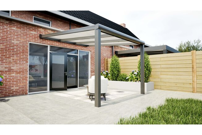 Aluminium overkapping antraciet 307cm x 350cm met Polycarbonaat IQ Relax dak Aluminium overkapping antraciet 307cm x 350cm met Polycarbonaat IQ Relax dak