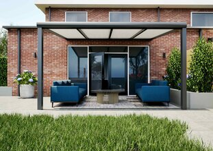 Terrasoverkapping antraciet 407cm breed x 350cm diep met Polycarbonaat IQ Relax dak