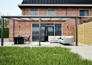 Terrasoverkapping antraciet 607cm breed x 400cm diep met Polycarbonaat IQ Relax dak
