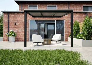 Terrasoverkapping zwart 310cm breed x 350cm diep met helder polycarbonaat dak