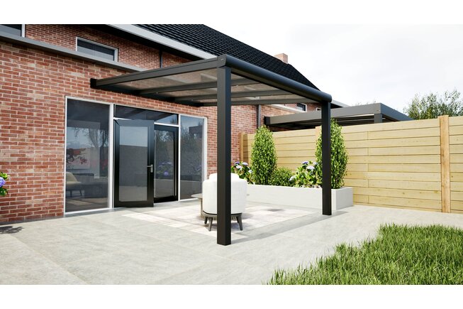 Aluminium overkapping zwart 307cm x 400cm met helder polycarbonaat dak