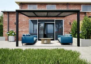 Terrasoverkapping zwart 410cm breed x 350cm diep met helder polycarbonaat dak