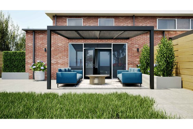 Aluminium overkapping zwart 407cm x 350cm met helder polycarbonaat dak Aluminium overkapping zwart 407cm x 350cm met helder polycarbonaat dak