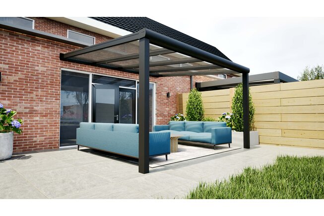 Aluminium overkapping zwart 410cm x 400cm met helder polycarbonaat dak