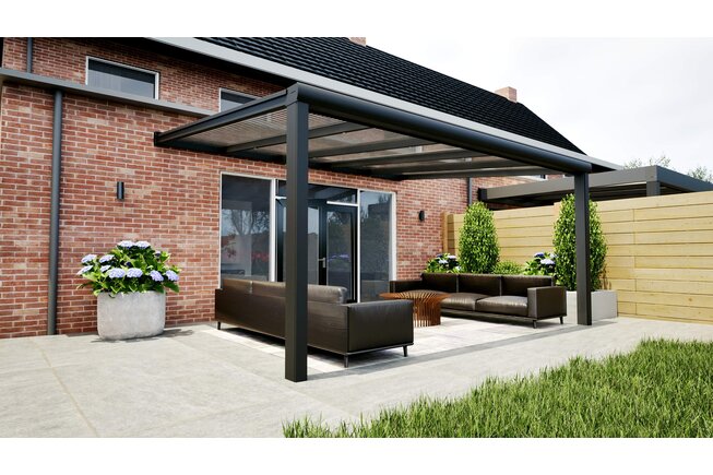 Aluminium overkapping zwart 507cm x 350cm met helder polycarbonaat dak