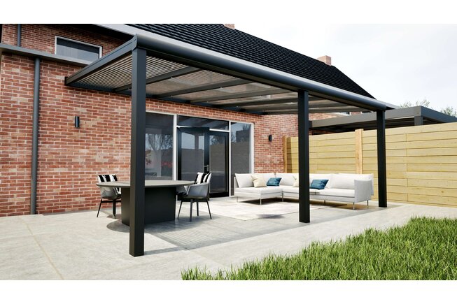 Aluminium overkapping zwart 610cm x 250cm met helder polycarbonaat dak