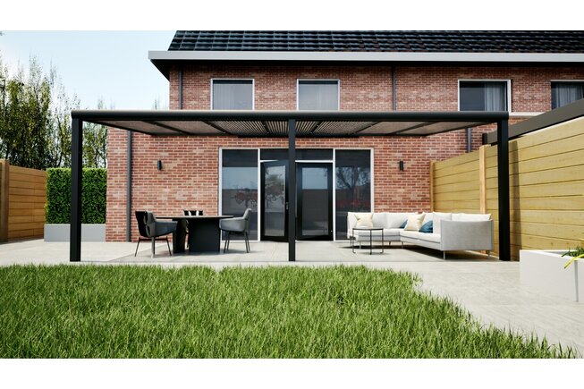 Aluminium overkapping zwart 707cm x 400cm met helder polycarbonaat dak Aluminium overkapping zwart 707cm x 400cm met helder polycarbonaat dak