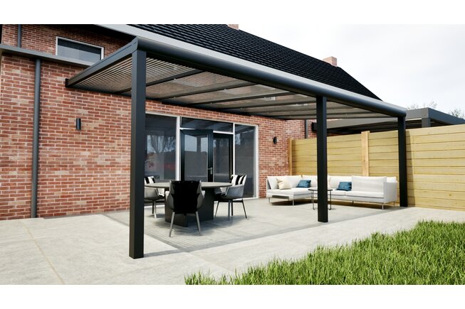 Aluminium overkapping zwart 707cm x 400cm met helder polycarbonaat dak Aluminium overkapping zwart 707cm x 400cm met helder polycarbonaat dak