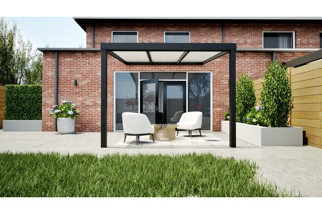 Aluminium overkapping zwart 307cm x 350cm met Polycarbonaat dak