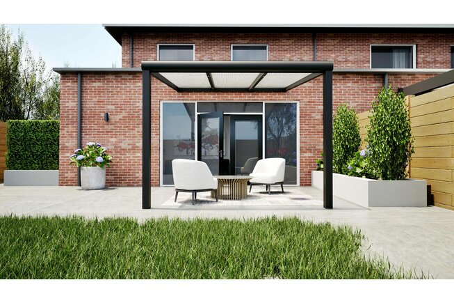 Aluminium overkapping zwart 307cm x 350cm met Polycarbonaat IQ Relax dak