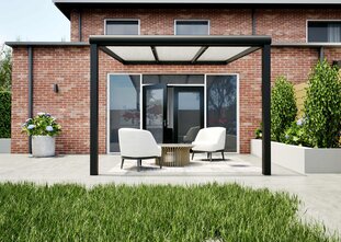 Terrasoverkapping zwart 307cm breed x 400cm diep met Polycarbonaat Opaal dak