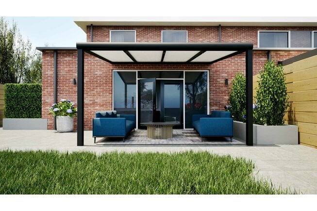 Aluminium overkapping zwart 407cm x 300cm met Polycarbonaat IQ Relax dak Aluminium overkapping zwart 407cm x 300cm met Polycarbonaat IQ Relax dak