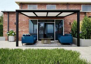 Terrasoverkapping zwart 410cm breed x 400cm diep met Polycarbonaat IQ Relax dak