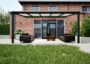 Terrasoverkapping zwart 510cm breed x 350cm diep met Polycarbonaat IQ Relax dak