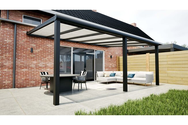 Aluminium overkapping zwart 607cm x 300cm met Polycarbonaat IQ Relax dak