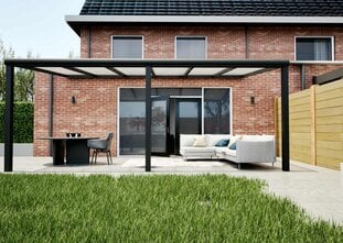 Terrasoverkapping zwart 607cm breed x 350cm diep met Polycarbonaat Opaal dak