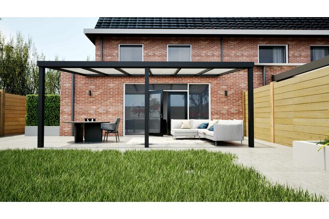 Aluminium overkapping zwart 607cm x 400cm met Polycarbonaat IQ Relax dak Aluminium overkapping zwart 607cm x 400cm met Polycarbonaat IQ Relax dak