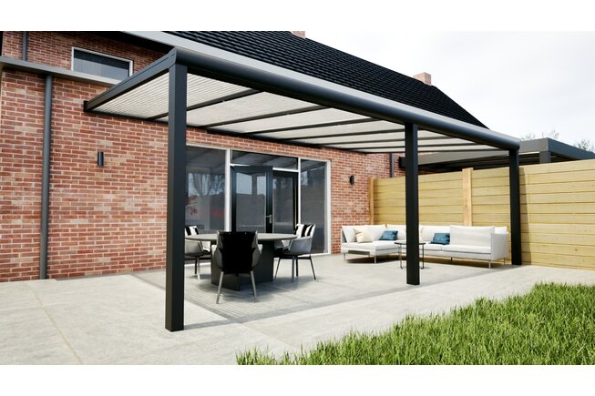 Aluminium overkapping zwart 710cm x 400cm met Polycarbonaat dak