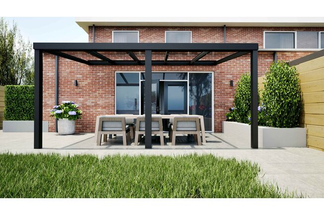Aluminium overkapping zwart 507cm x 250cm met helder glas dak