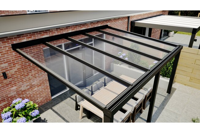 Aluminium overkapping zwart 510cm x 250cm met helder glas dak