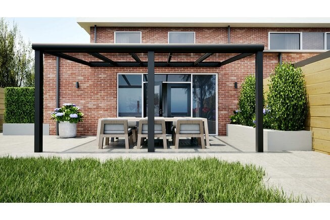 Aluminium overkapping zwart 507cm x 350cm met helder glas dak