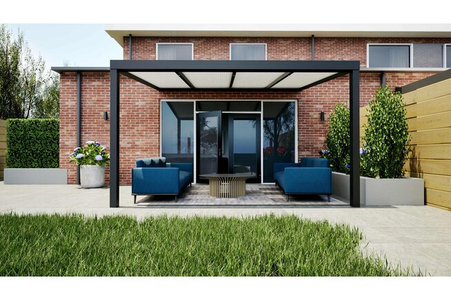 Aluminium overkapping zwart 406cm x 350cm met Polycarbonaat dak - Copy