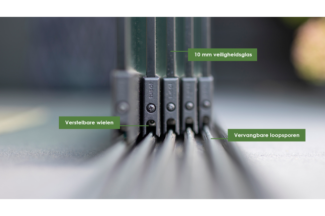 Glazen schuifwand antraciet - Helder glas - 6 railsysteem tot 603 cm breed