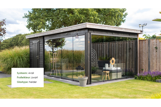 Glazen schuifwand antraciet - Helder glas - 6 railsysteem tot 603 cm breed