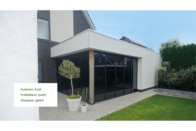 Glazen schuifwand antraciet - Helder glas - 6 railsysteem tot 603 cm breed Glazen schuifwand antraciet - Helder glas - 6 railsysteem tot 603 cm breed