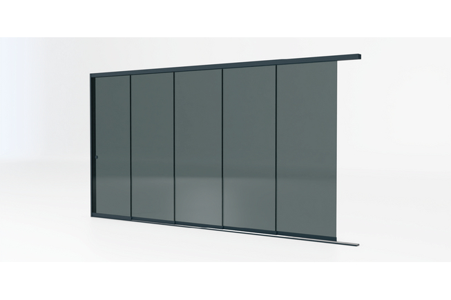 Glazen schuifwand antraciet - Getint glas - 5 railsysteem tot 438 cm breed Glazen schuifwand antraciet - Getint glas - 5 railsysteem tot 438 cm breed
