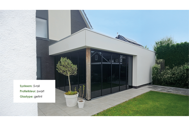 Glazen schuifwand zwart - Helder glas - 4 railsysteem tot 351 cm breed