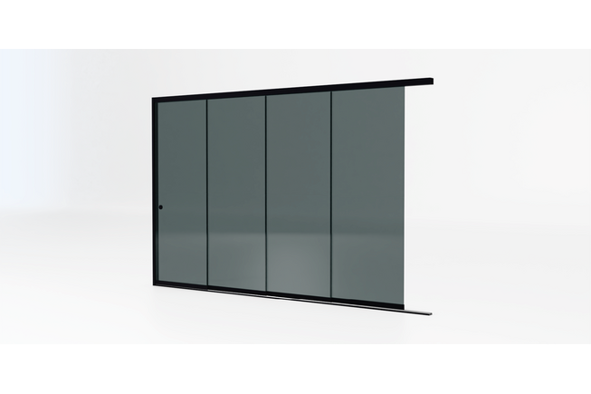 Glazen schuifwand zwart - Getint glas - 4 railsysteem tot 403 cm breed Glazen schuifwand zwart - Getint glas - 4 railsysteem tot 403 cm breed