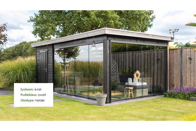 Glazen schuifwand zwart - Getint glas - 4 railsysteem tot 383 cm breed