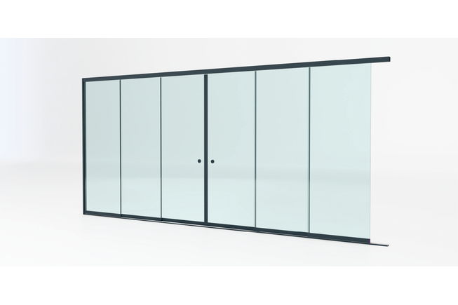 Glazen schuifwand antraciet - Helder glas - Lange 3 rail met 6 glaspanelen tot 578 cm breed Glazen schuifwand antraciet - Helder glas - Lange 3 rail met 6 glaspanelen tot 578 cm breed